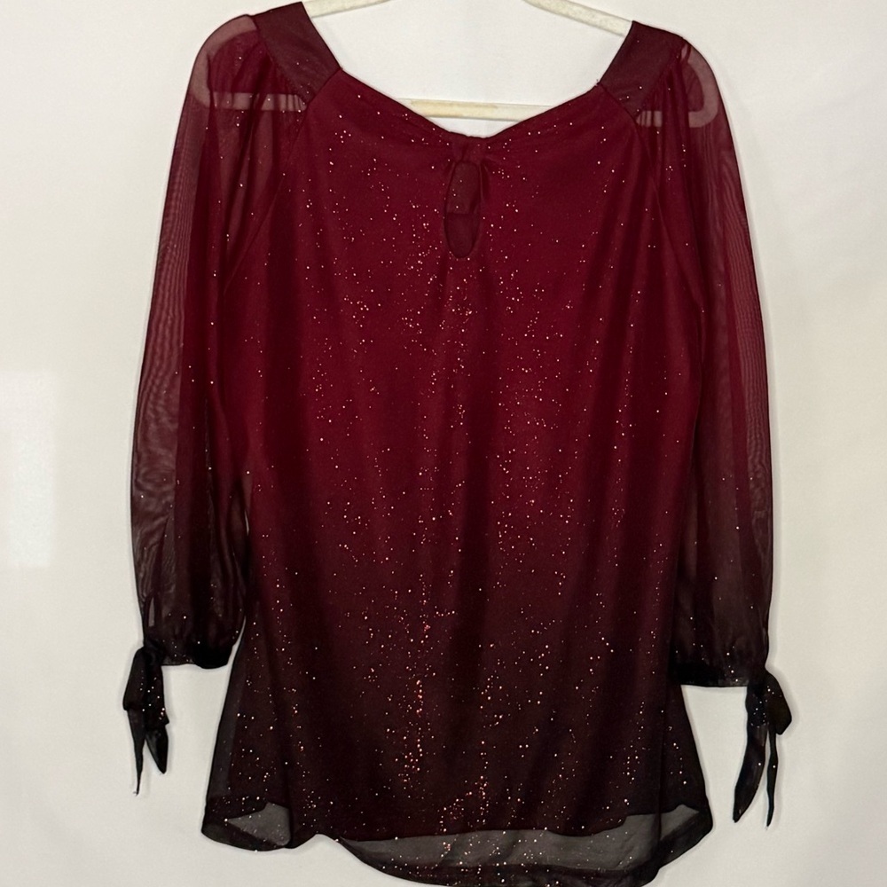 Sara Michelle Maroon Ombre Glitter Long Sleeve Top w/ Tie Cuffs | Medium | EUC - Picture 2 of 3